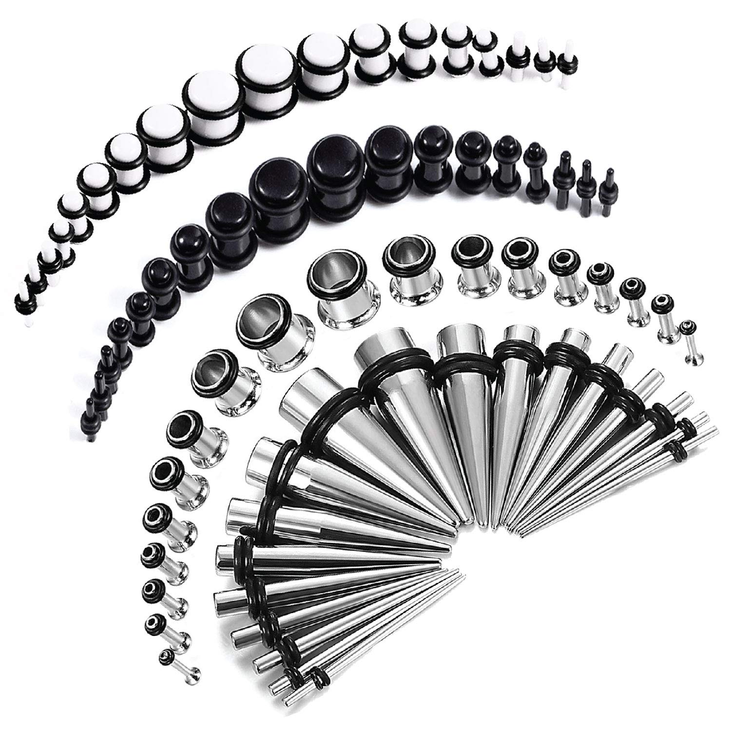 BodyJ4You 72PC Ear Stretching Gauges Kit 14G-00G - Surgical Steel Tapers Single Flare Tunnels Acrylic Plugs - Stretchers Expanders Eyelets