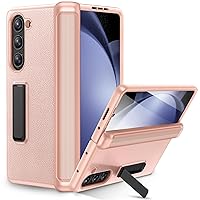 Ruky Case for Samsung Galaxy Z Fold 5 with Kickstand, Hinge Protection & Full Body with Built-in Screen Protector PU Leather Protective Phone Stand Case for Samsung Galaxy Z Fold 5G, Gold