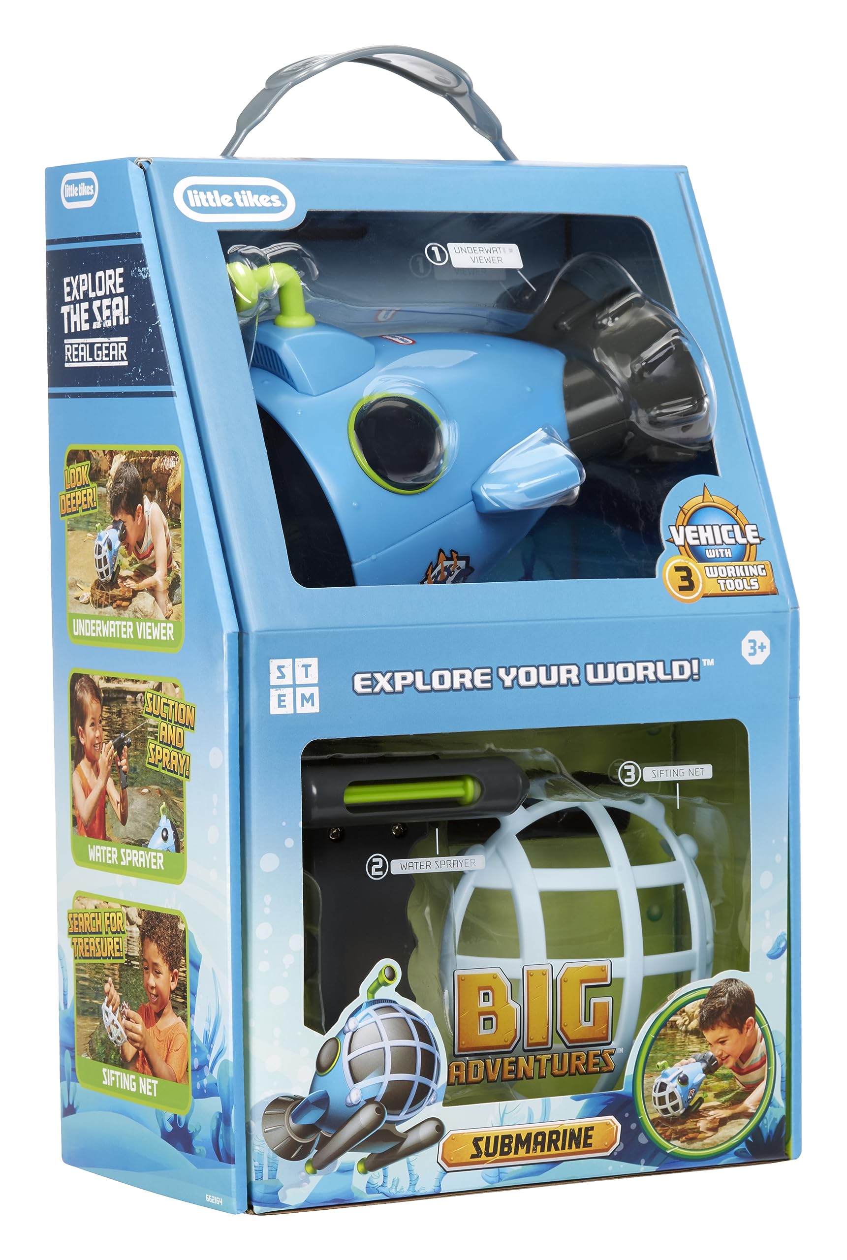 Little Tikes Big Adventures Submarine STEM Toy Water Vehicle with Underwater Viewer, Water Sprayer and Sifting Net for Girls, Boys, Kids Ages 3+