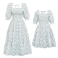 Mommy and Me Matching Dresses Floral Printed Ruffled Lantern Sleeves A-Line Long Dress Mom Daughter Matching Outfits