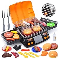Cooking Toy BBQ Set, 2-Layer Kids Grill Playset with Play Food, Pretend Smoke Sound and Light, Kitchen Accessories Utensils Toy, Outdoor Camping Barbecue Toys Gift for Toddlers Girls Boys