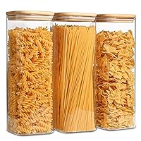 ComSaf Glass Spaghetti Pasta Storage Containers with Lids 73oz Set of 3, Tall Clear Airtight Food Storage Jar with Bamboo Lid for Noodles Flour Cereal Sugar Beans, Sqaure Spaghetti Pantry Container