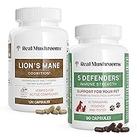 Real Mushrooms Lions Mane for Humans (120ct) & 5 Defenders for Pets (90ct) - Capsules Bundle - Cognitive Support & Immune Strength - Vegan, Non-GMO, Organic, Gluten-Free