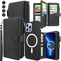 Harryshell Detachable Magnetic Case Wallet for iPhone 13 Pro Max Compatible with MagSafe Wireless Charging Protective Phone Cover Multi Card Slots Cash Coin Zipper Pocket Wrist Strap (Black)