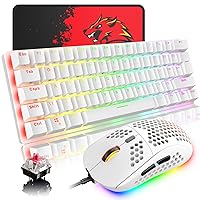 Wired Gaming Keyboard Mouse Combo Chroma RGB Backlit Mechanical Keyboard with 61 Keys Anti-ghosting Floating Keycaps Metal Plate Type-C RGB Gaming Mouse 6400 DPI for PC Gamers (White/Red Switch)