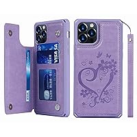 iCoverCase for iPhone 12 Pro Max Phone Case Wallet with Card Holder, iPhone 12 Pro Max Case Women with Strap [RFID Blocking] Embossed Leather Kickstand Shockproof Case 6.7 Inch (Heart Purple)