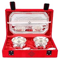Indian Art Villa Handmade Silver Plated Set of 2 Designer Bowl 2 Spoon 1 Tray comes with gift pack - Dry Fruits Gift Item Decorative Tableware