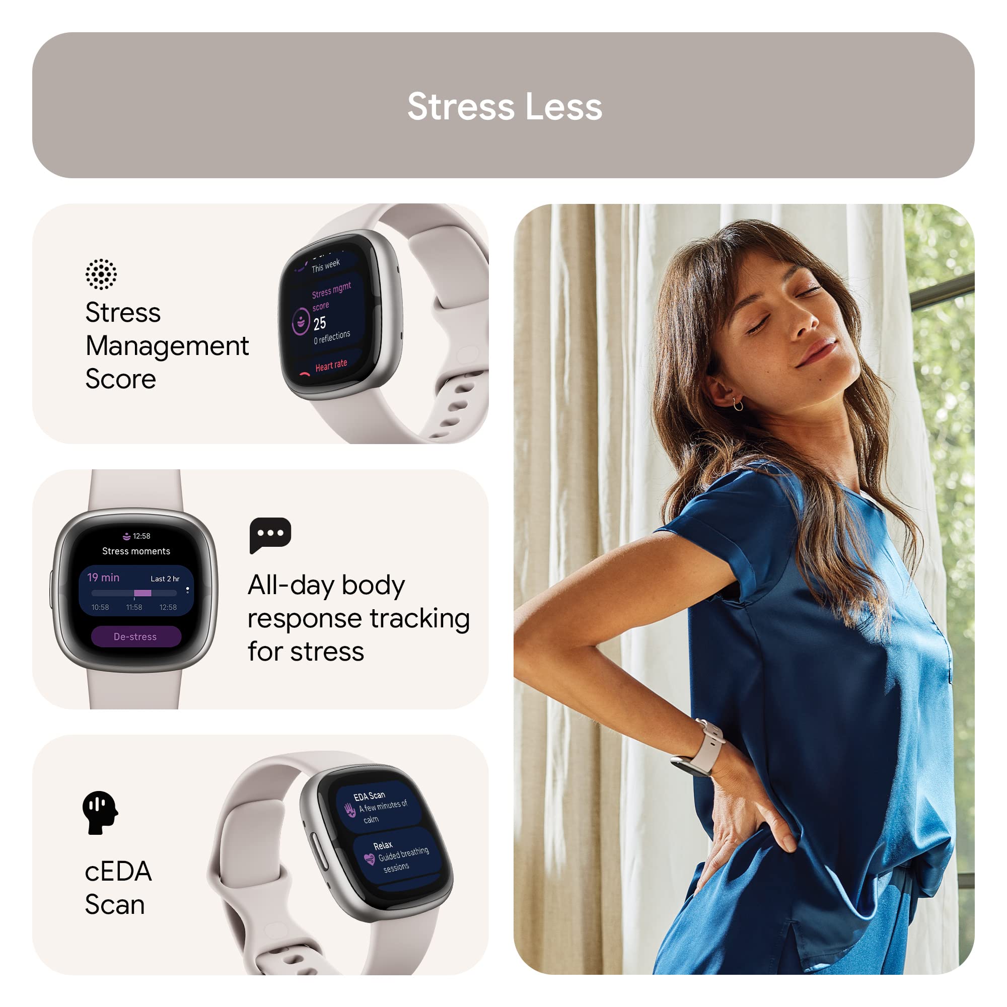 Fitbit Sense 2 Advanced Health and Fitness Smartwatch with Tools to Manage Stress and Sleep, ECG App, SpO2, 24/7 Heart Rate and GPS, Lunar White/Platinum, One Size (S & L Bands Included)