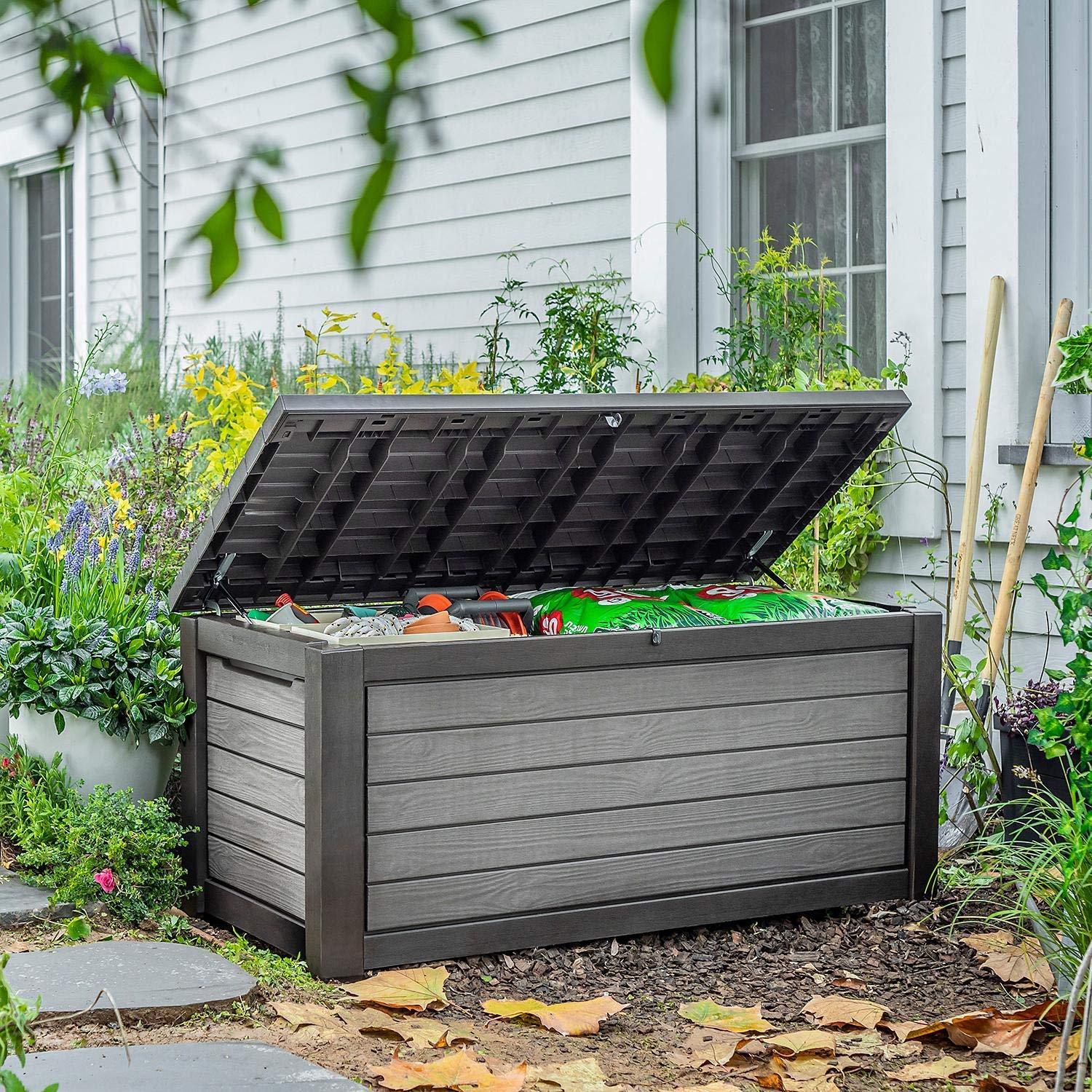 Keter 60 Gallon Patio Storage Bench Tool Box for Outdoor Patio and Garden 