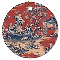 Cheng Toile Red Blue Christmas Ceramic Ornament Chinoiserie Asian Accent Christmas Porcelain Ornament Funny Ornament for Xmas Party Decorations Round