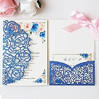 50PCS Blank Royal Blue Glitter Wedding invitations Kit 5.1 x7.1 inch Laser Cut Hollow Rose Floral Pocket With Ribbon Invitation for Quinceanera Wedding Invite (Royal Blue Glitter)