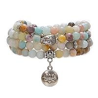 Bivei 108 Mala Beads Necklace Long Beaded Wrap Bracelets Genuine Gemstone Mala Prayer Beads Lotus Buddha Charm Yoga Meditation Necklace