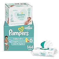 Diapers Size 6, 144 Count and Baby Wipes - Pampers Baby Dry Disposable Baby Diapers, ONE MONTH SUPPLY with Baby Wipes Sensitive 6X Pop-Top Packs, 336 Count (Packaging May Vary)