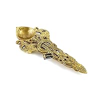 Twin Peacock Design Round Brass Pooja Aarti Spoon, Hawan Spoon for Pouring Ghee In Hawan Kund, Antique Yellow