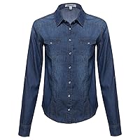 Women's Long Sleeve Rolled up Sleeve Denim Shirts with Fine Stone Wash