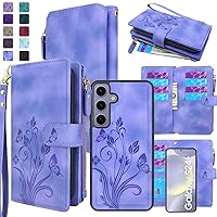 Lacass Case Wallet for Samsung Galaxy S24+ Plus 6.7 inch 2024, [12 Card Slots] ID Credit Cash Holder Zipper Pocket Detachable Leather Wallet Cover with Wrist Strap Lanyard（Floral Blue Purple）