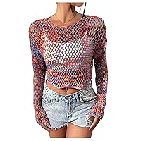 WDIRARA Women's Hollow Out Sheer See Through Crop Sweater Sexy Long Sleeve Pullovers
