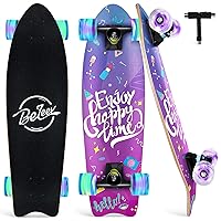 BELEEV Cruiser Skateboards for Beginners, 27 x 8 inch Complete Skateboard for Kids Teens Adults, 7 Ply Canadian Maple Double Kick Deck Concave Skateboard with Skate T-Tool