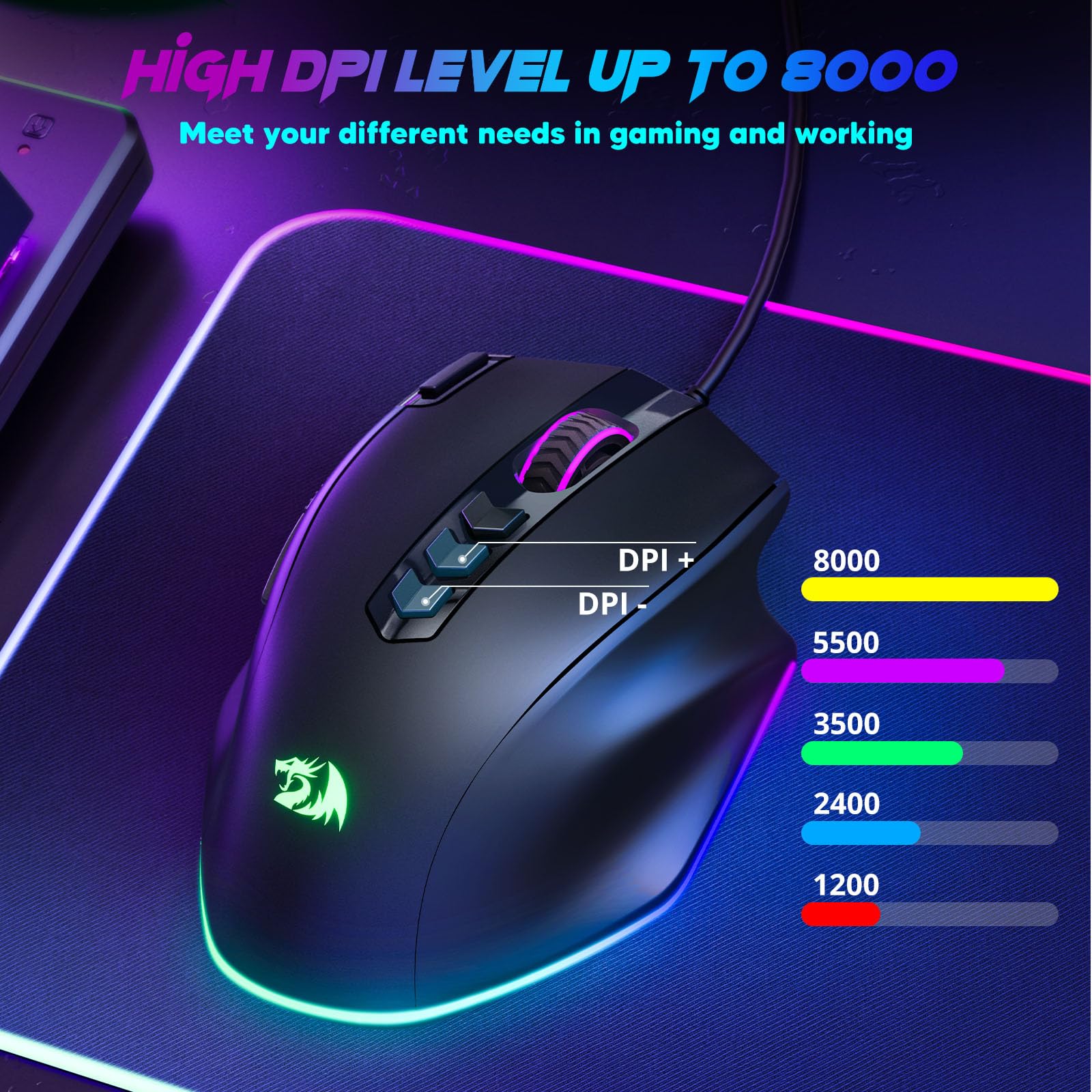 Redragon Wired Gaming Mouse, RGB Backlit Ergonomic Gamer Mouse Up to 8000 DPI, 11 Programmable Buttons & 7 Backlit Modes, Extra Sniper Button, Mouse Gamer for Windows PC Gamers, M614