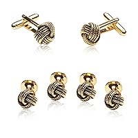 Classic Woven Gold-Tone Knot Cufflinks and Stud Set with Presentation Box
