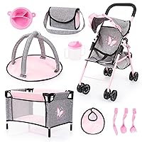 Bayer Design Dolls: Buggy 10 Piece Set - Grey, Pink, Butterfly - Stroller, Play Mat, Bed & Accessories Set for Dolls Up to 18
