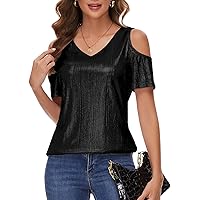 Womens Glitter Metallic Tops Sexy Cold Shoulder V Neck Sparkly Dressy Party Concert Blouse