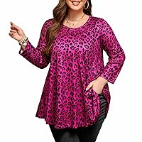 Womens Tunic Tops 3/4 Sleeve Plus Size Crew Neck Swing Flare Loose Fit T-Shirt Blouses to Wear with Leggings