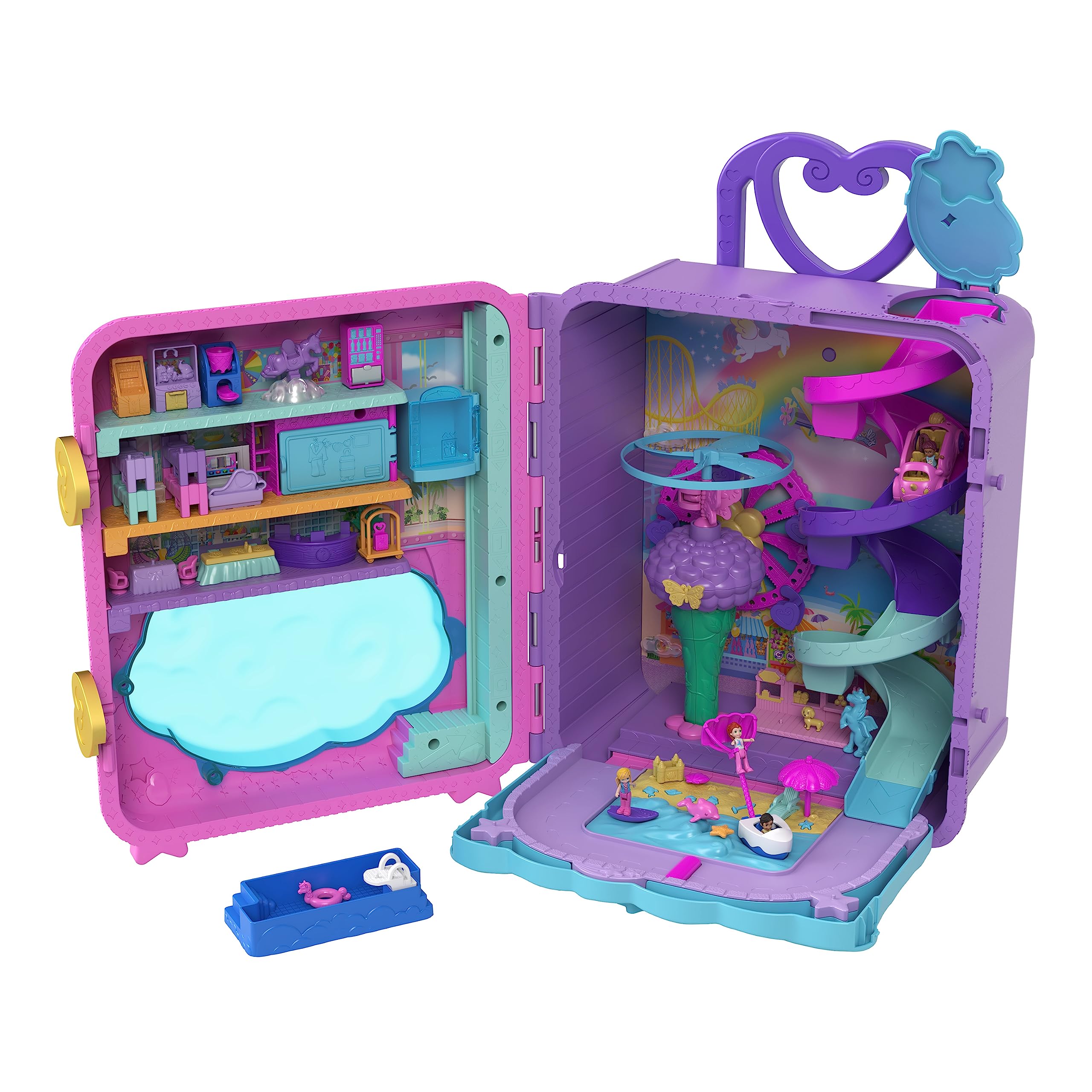 Polly Pocket Dolls, Playset and Travel Toys, 4 Dolls, 1 Vehicle, 25+ Accessories, Resort Roll Away