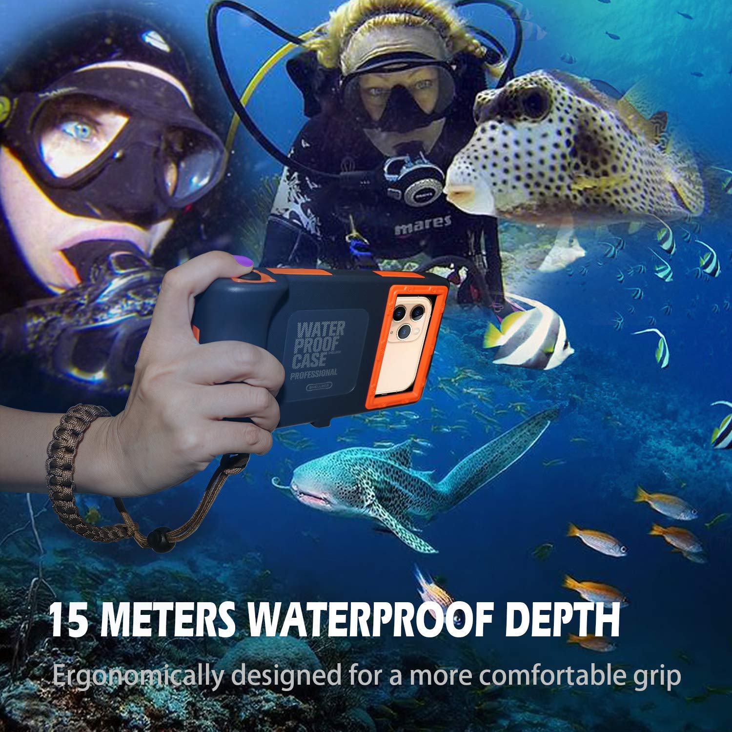 Willbox Professional [15m/50ft] Diving Surfing Swimming Snorkeling Photo Video Waterproof Protective Case Underwater Housing for Galaxy and iPhone Series Smartphones with Lanyard (Orange)