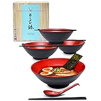 APEX S.K. 4 Sets 51 Ounce Large Japanese Ramen Noodle Soup Bowl Melamine Hard Plastic Dishware Ramen Bowl Set with Matching Spoon and Chopsticks for Udon Soba Pho Asian Noodles