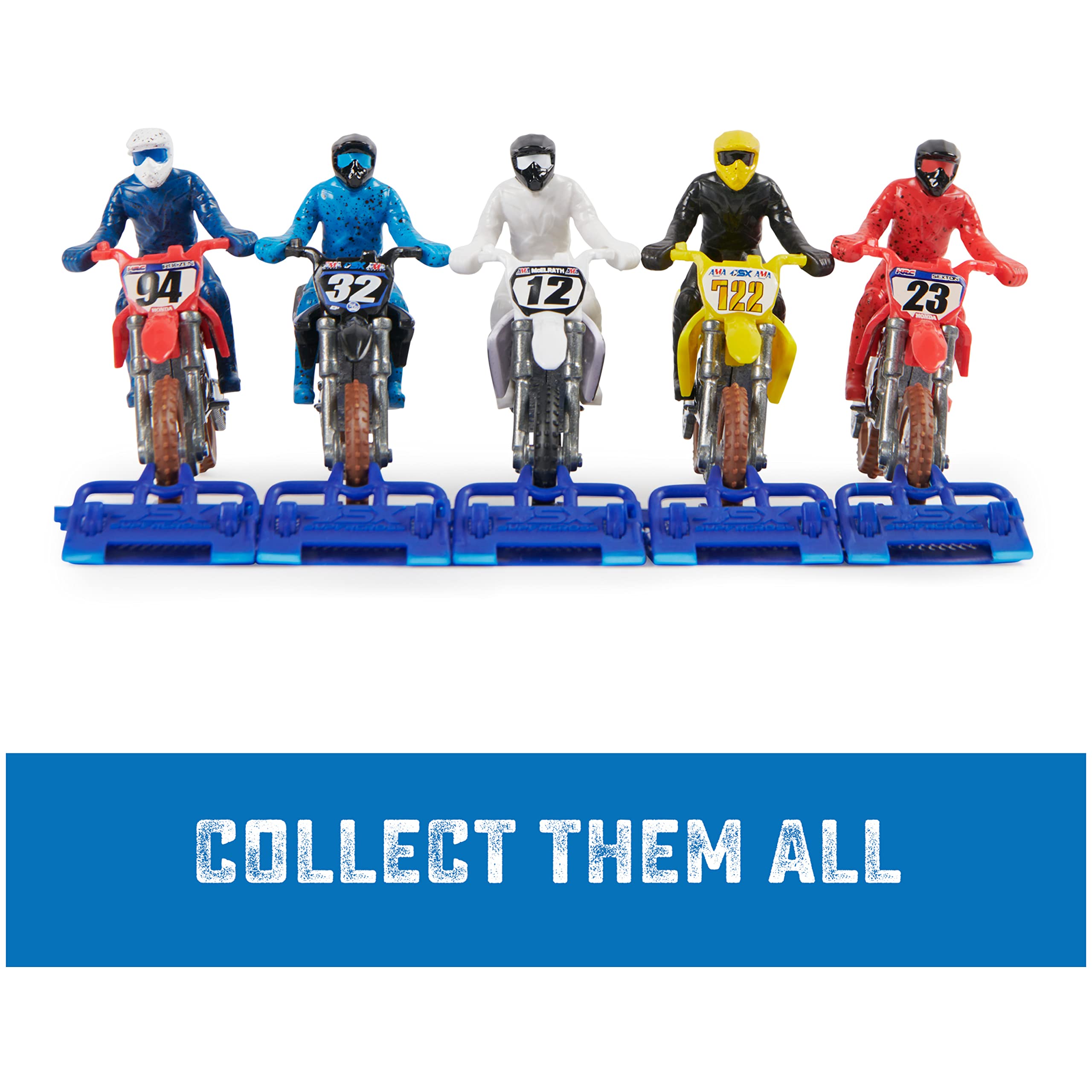 Supercross, Authentic 5-Pack of 1:24 Scale Die-Cast Motorcycles with Rider Figure, Toy Moto Bike for Kids and Collectors Ages 3 and up