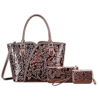 PIJUSHI Designer Floral Purses Top Handle Handbags Satchel Bags Genuine Leather Floral Wallet Wristlet for Women and Genuine Leather Credit Card Holder for Women