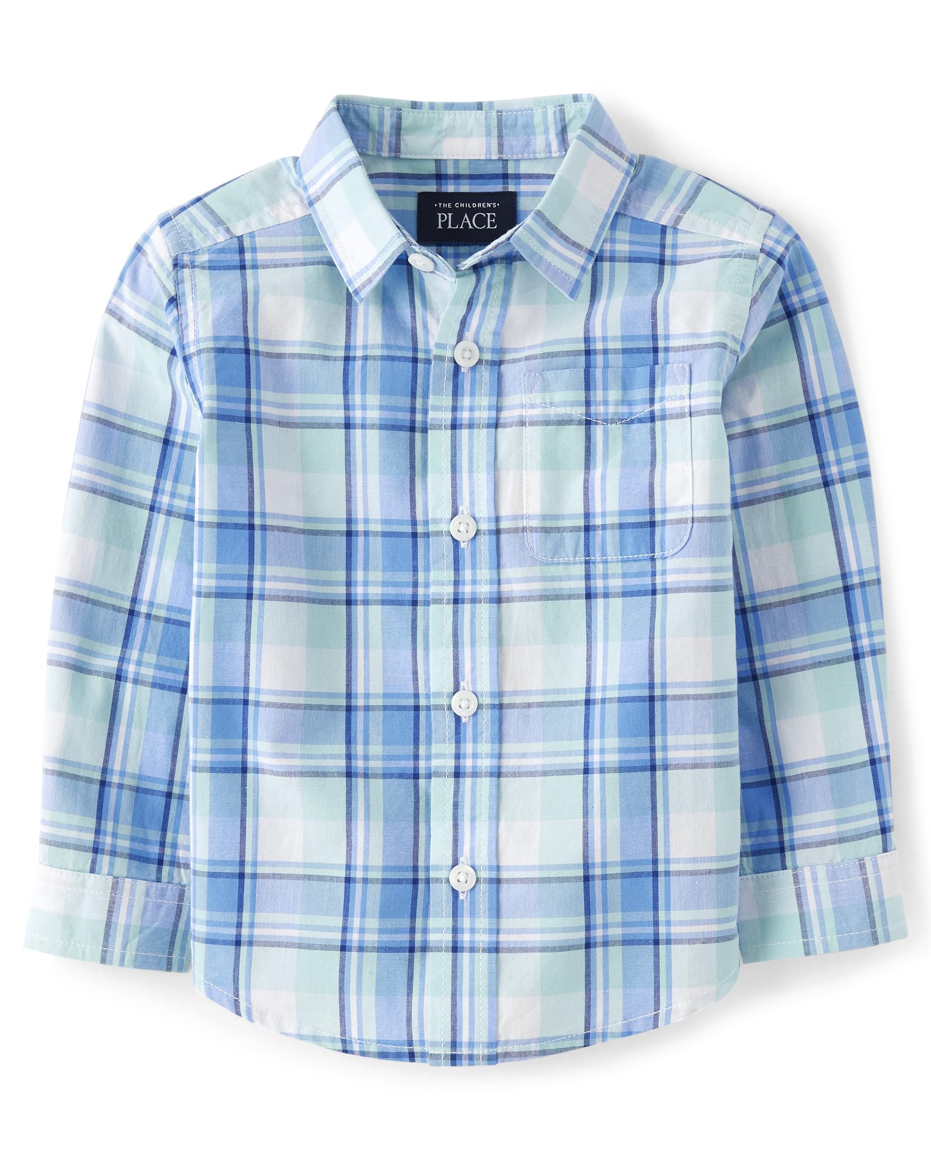 The Children's Place Baby Boy's and Toddler Poplin Long Sleeve Button Down Shirt, Mellow Aqua Plaid, 9-12 Months