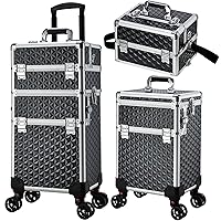 Professional Rolling Makeup Case, 3 in 1 Train Case on Wheels Large Makeup Trolley Salon Barber Traveling Trunk Suitcase for Cosmetology School Nail Tech Hairstylist MUA, Black
