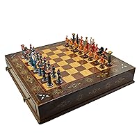 Metal Chess Set,Historical Rome Figures,Handmade Painted Chess Pieces with Natural Solid Wooden Chess Board with Original Pearl Around Board and Storage Inside King 4 inc