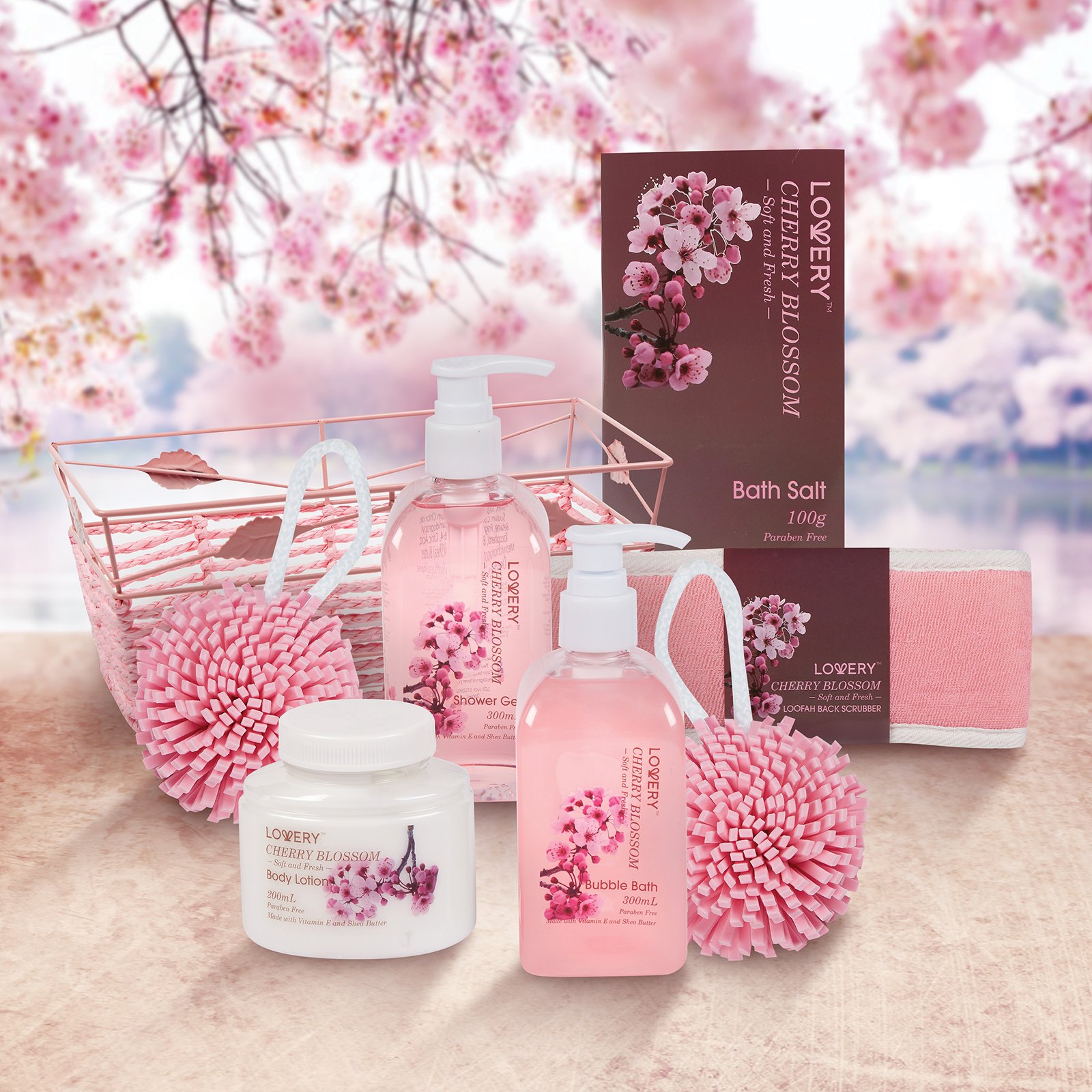 Birthday Gifts For Her, Spa Gift Basket in Cherry Blossom Fragrance - 8pc Bath Set with Shower Gel, Bubble Bath, Bath Salt, Lotion & More! Great Wedding, Anniversary or Graduation Gift for Women