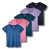 5 Pack: Womens V Neck T-Shirt Ladies Yoga Top Athletic Tees Active Wear Gym Workout Zumba Exercise Running Essentials Quick Dry Fit Dri Fit Moisture Wicking Basic Clothes - Set 7,M