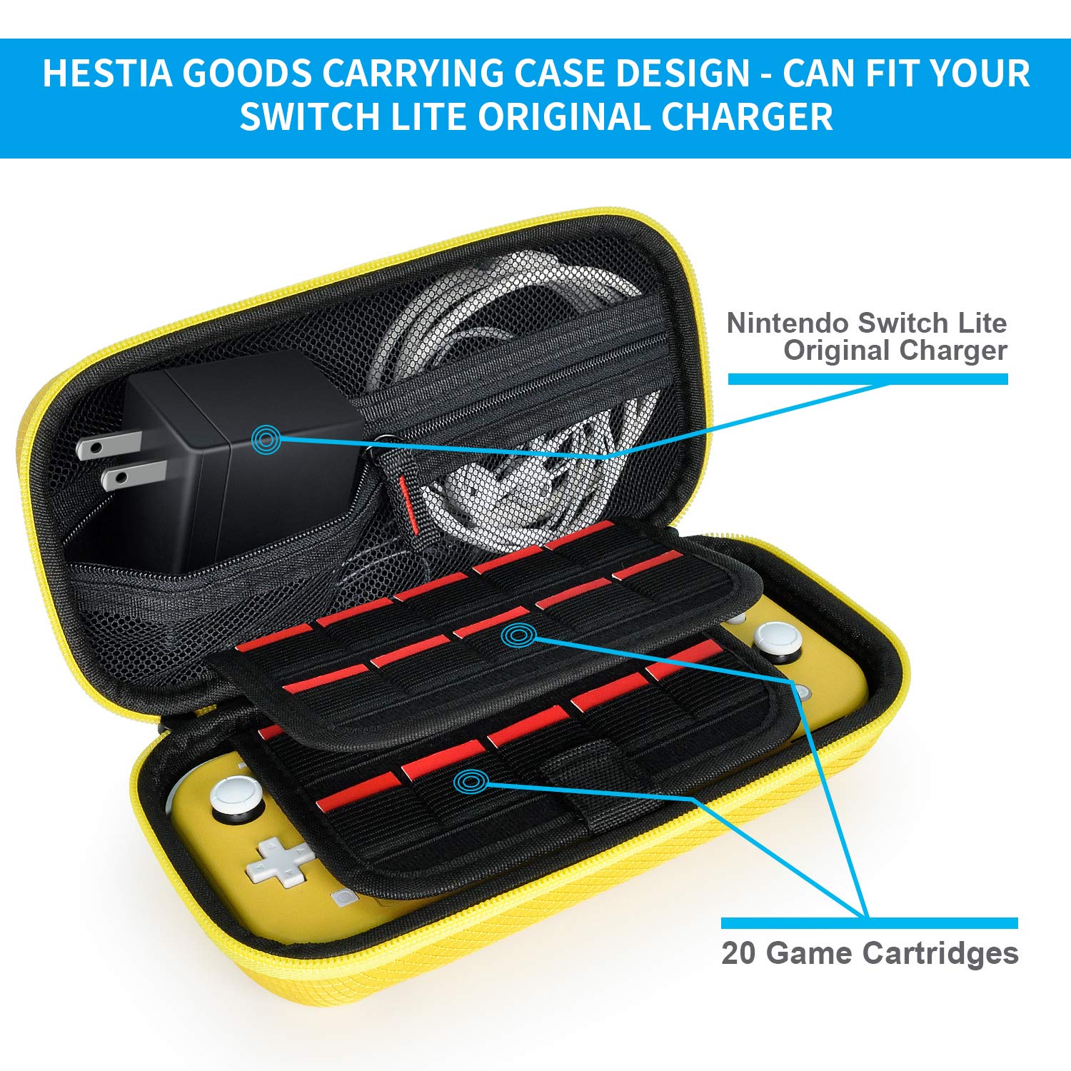 Daydayup Switch Case Compatible with Nintendo Switch Lite with 2 Pack Screen Protector & 6 Pcs Thumb Grip, 20 Game Cartridges Hard Shell Travel Carrying Switch Lite Console & Accessories, Yellow