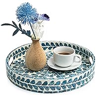 CLAYNIX Serving Tray 12.5 Inch, Lacquer Mother of Pearl Inlay Mosaic Tray, Round Wooden Marble Tray with Handles Trays for Tea, Breakfast (Leaf Style)