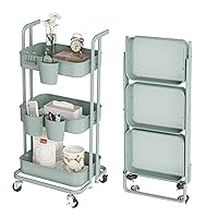 DTK 3 Tier Foldable Rolling Cart, Metal Utility Cart with Lockable Wheels, Folding Storage Trolley for Living Room, Kitchen, Bathroom, Bedroom and Office, Green