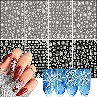 8PCS Snowflake Nail Art Stickers White Glitter Snow Nail Design 3D Self Adhesive Nail Decals Snowflakes Sticker for Nails Art Accessories Shiny Decal Manicure Winter New Year Christmas Nail Decoration