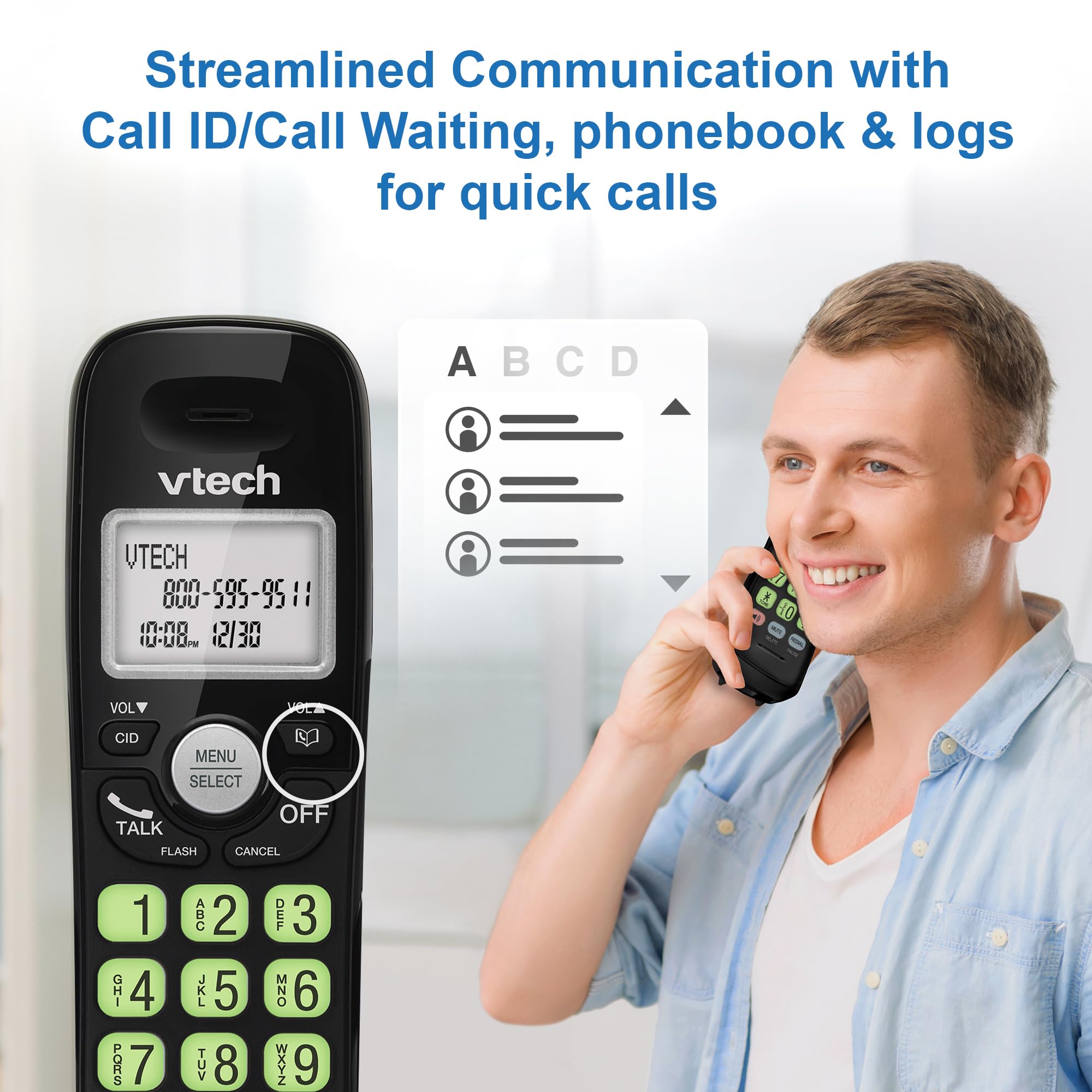 VTech DECT 6.0 Cordless Phone - Bluetooth Connection, Blue Display, Big Buttons, Full Duplex, Caller ID, Easy Wall Mount, 1000ft Range