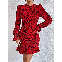 KAILAI Women's Dress Allover Print Mock Neck Flounce Sleeve Ruched Ruffle Hem Dress (Color : Red, Size : Large)