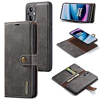 Luxury 2-in-1 Split Leather Detachable Wallet Magnetic Phone Case for Oneplus 10 9 8 Pro R T Nord N200 N20 5G 2 6, Card Holder Back Cover(Dark Gray,for Oneplus Nord N200)