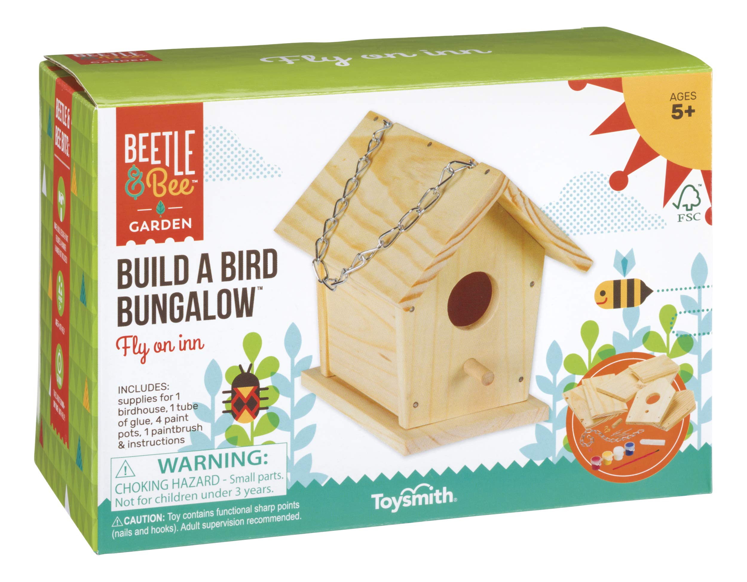 Beetle & Bee Build A Bird Bungalow - DIY Kid Art Craft Outdoor Birdhouse Kit, Bird House Painting Kit for Kids, Hardware & Glue Included- 4 Paints, 1 Brush, 7 Wooden Pcs, Chain For Tree Hanging Age 5+