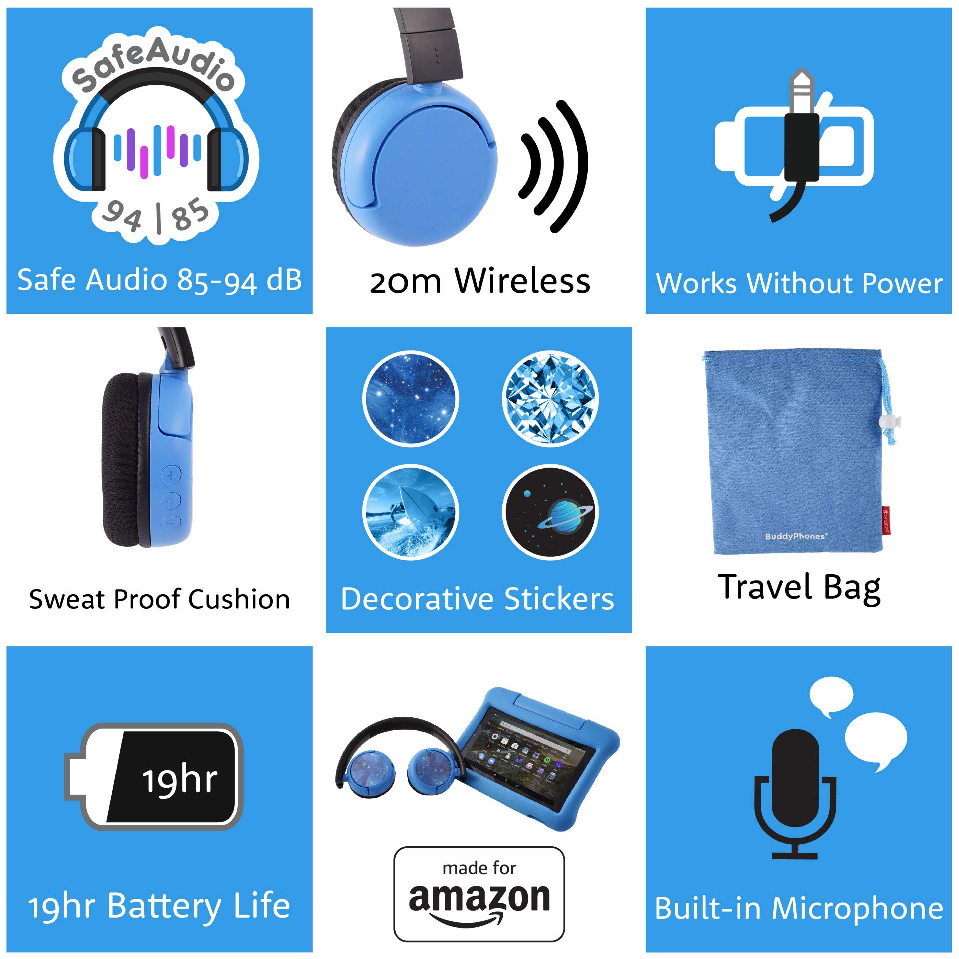 Made for Amazon, Volume Limiting Bluetooth BuddyPhones, PopTime in Blue. Ages (8-15)