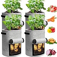 JJGoo 4 Pack Potato Grow Bags 10 Gallon with Flap, Heavy Duty Fabric Grow Bags with Handle and Harvest Window, Non-Woven Planter Pot Plant Garden Bags to Grow Vegetables Potato Tomato, Grey