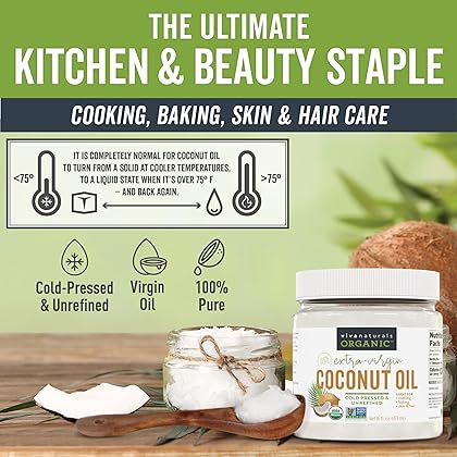Viva Naturals Organic Coconut Oil, Cold-Pressed - Natural Hair /Skin Oil and Cooking Oil with Fresh Flavor, Non-GMO Unrefined Extra Virgin(Aceite de Coco), USDA Organic, 16 oz