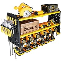 Power Tool Organizer, 6 Drill Holder Wall Mount,Heavy Duty Metal Tool Shelf with 2 Side Pegboards,Cordless Drill Holder and Battery Shelves,Storage Rack for Garage Organization - Yellow
