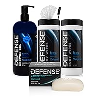 Defense Soap Oatmeal 4 Oz Bar (Pack of 2), Body Wipes 40 Count (Pack of 2), & Body Wash 32 oz - Natural Shower Gel